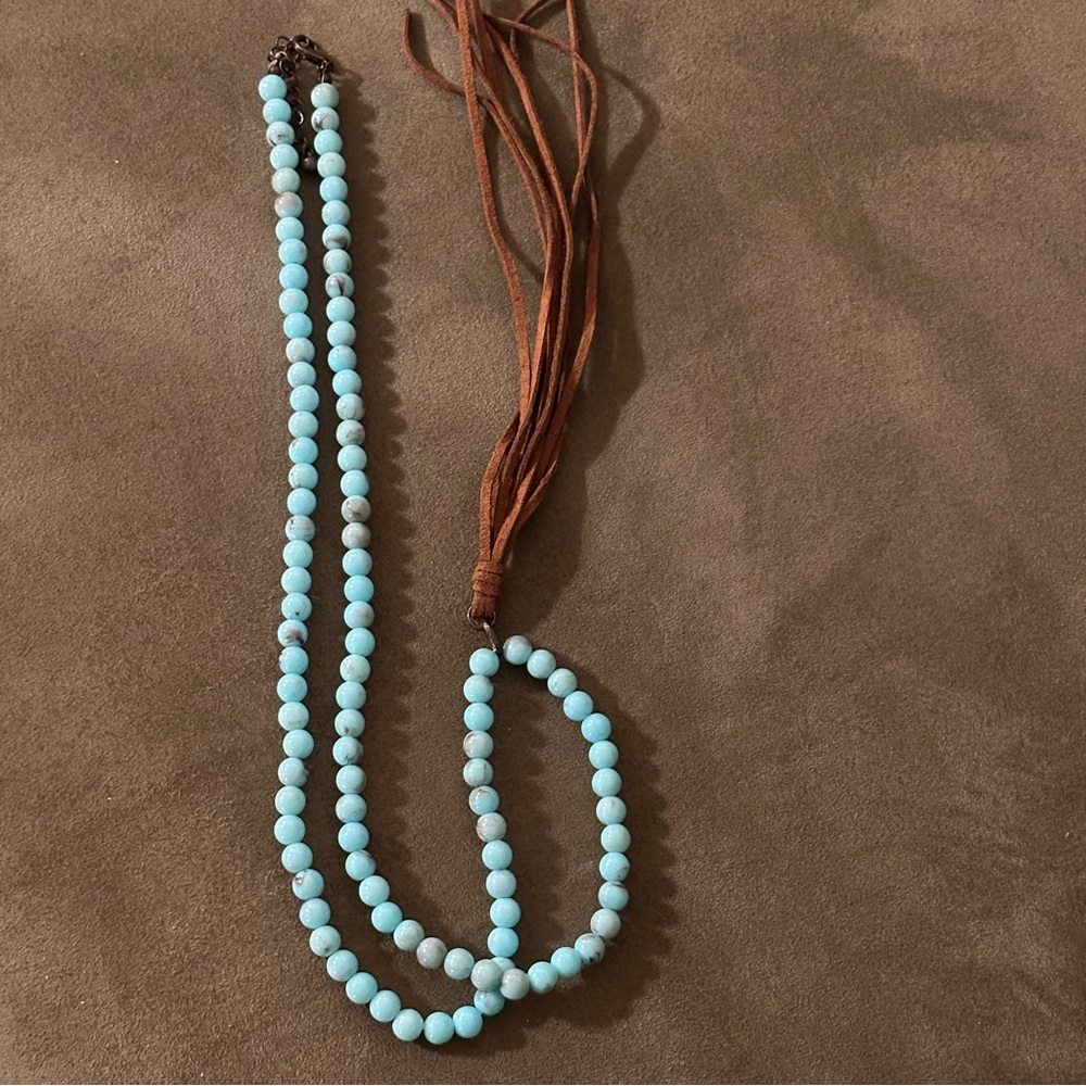 Blue Beaded Necklace, Long, with Brown Tassel